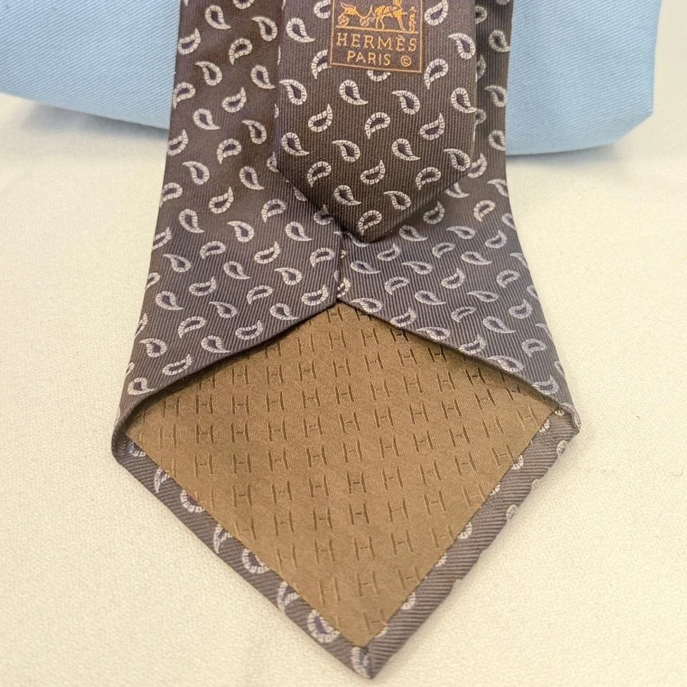 Hermes Vintage Brown and Cream Paisley 100% Silk Tie Pristine Circa 1990's